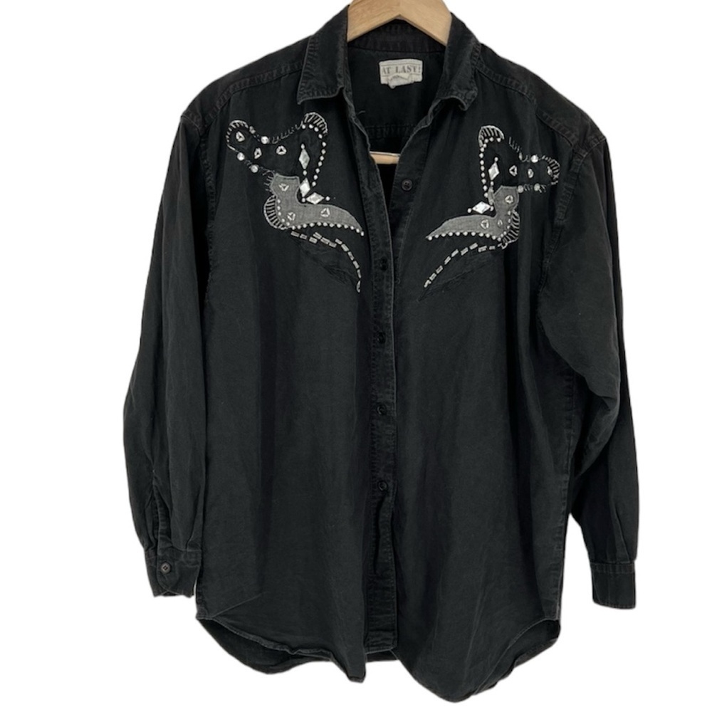 Vintage Cotton Western Country Concert Jean Black Jeweled Shirt